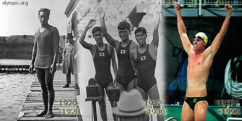 Олимпийские чемпионы Дюк Каханамоку (1920), Ясуджи Миязаки, Тасуго Кавайши и Мисанори Юса (1932), а также Кирен Перкинс (1996)... в их высокотехнологичных стартовых костюмах.